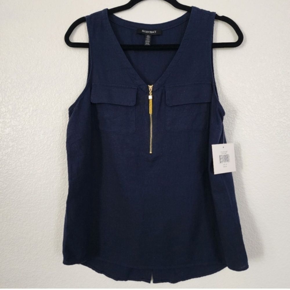 Ellen Tracy Sleeveless Zipper Detail Top Navy Blue Medium NWT - Picture 2 of 11